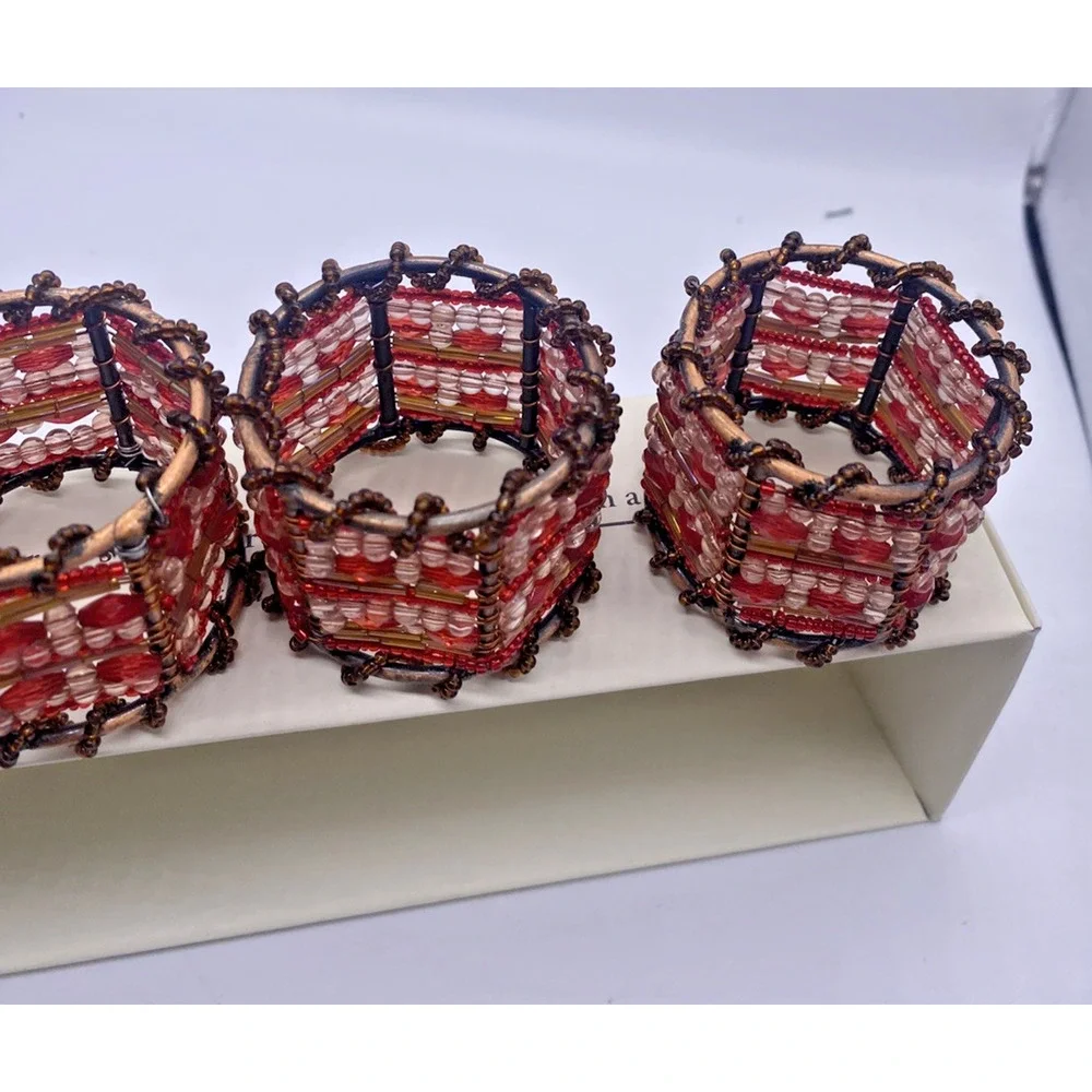 Pier 1 Imports Napkin Rings Moroccan Beaded Brown Red Y2K Boho Earthy Retro NEW